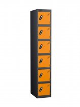 Single Metal Storage Locker | 6 Doors | 1780 x 305 x 380mm | Black Carcass | Orange Door | Cam Lock | Probe