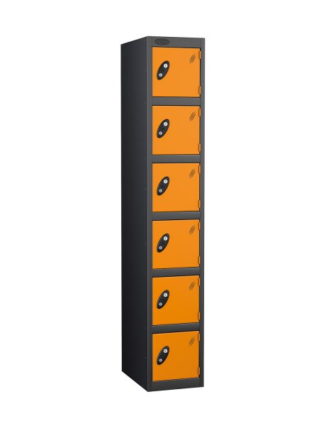 Single Metal Storage Locker | 6 Doors | 1780 x 305 x 380mm | Black Carcass | Orange Door | Cam Lock | Probe