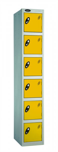 Single Metal Storage Locker | 6 Doors | 1780 x 305 x 380mm | Silver Carcass | Yellow Door | Cam Lock | Probe