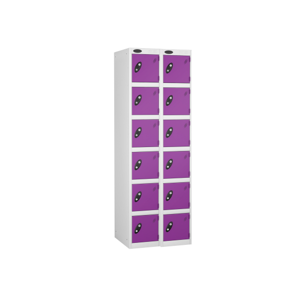 Nest of 2 Metal Storage Lockers | 6 Doors | 1780 x 305 x 380mm | White Carcass | Lilac Door | Cam Lock | Probe