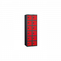 Nest of 2 Metal Storage Lockers | 6 Doors | 1780 x 305 x 380mm | Black Carcass | Red Door | Cam Lock | Probe