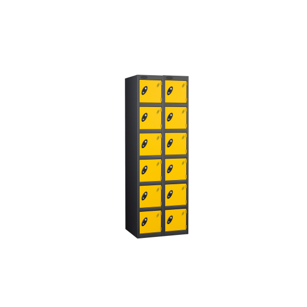 Nest of 2 Metal Storage Lockers | 6 Doors | 1780 x 305 x 380mm | Black Carcass | Yellow Door | Cam Lock | Probe