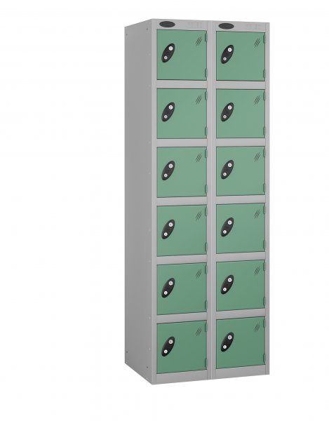 Nest of 2 Metal Storage Lockers | 6 Doors | 1780 x 305 x 380mm | Silver Carcass | Jade Door | Cam Lock | Probe