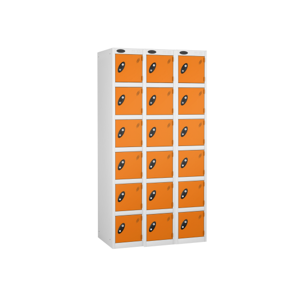 Nest of 3 Metal Storage Lockers | 6 Doors | 1780 x 305 x 380mm | White Carcass | Orange Door | Cam Lock | Probe