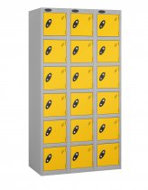 Nest of 3 Metal Storage Lockers | 6 Doors | 1780 x 305 x 380mm | Silver Carcass | Yellow Door | Cam Lock | Probe