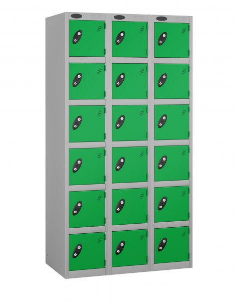 Nest of 3 Metal Storage Lockers | 6 Doors | 1780 x 305 x 380mm | Silver Carcass | Green Door | Cam Lock | Probe