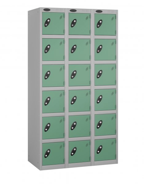 Nest of 3 Metal Storage Lockers | 6 Doors | 1780 x 305 x 380mm | Silver Carcass | Jade Door | Cam Lock | Probe