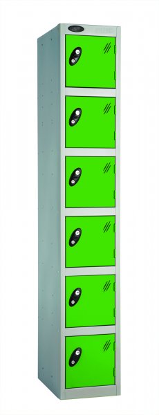 Single Metal Storage Locker | 6 Doors | 1780 x 305 x 460mm | Silver Carcass | Green Door | Cam Lock | Probe