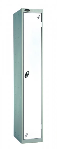 Single Metal Storage Locker | Single Door | 1780 x 305 x 305mm | Silver Carcass | White Door | Hasp & Staple Lock | Probe