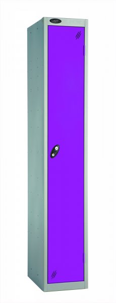 Single Metal Storage Locker | Single Door | 1780 x 305 x 305mm | Silver Carcass | Lilac Door | Hasp & Staple Lock | Probe