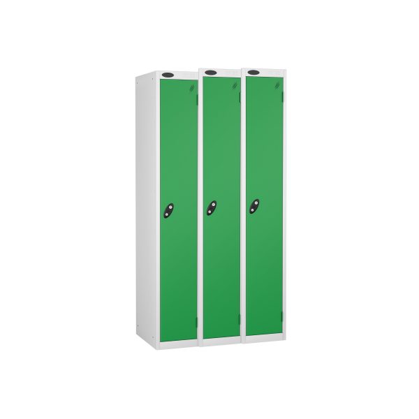 Nest of 3 Metal Storage Lockers | Single Door | 1780 x 305 x 305mm | White Carcass | Green Door | Hasp & Staple Lock | Probe