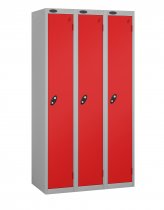 Nest of 3 Metal Storage Lockers | Single Door | 1780 x 305 x 305mm | Silver Carcass | Red Door | Hasp & Staple Lock | Probe