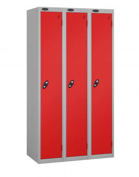 Nest of 3 Metal Storage Lockers | Single Door | 1780 x 305 x 305mm | Silver Carcass | Red Door | Hasp & Staple Lock | Probe