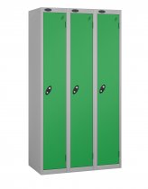 Nest of 3 Metal Storage Lockers | Single Door | 1780 x 305 x 305mm | Silver Carcass | Green Door | Hasp & Staple Lock | Probe