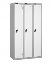 Nest of 3 Metal Storage Lockers | Single Door | 1780 x 305 x 380mm | Silver Carcass | White Door | Hasp & Staple Lock | Probe