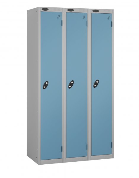 Nest of 3 Metal Storage Lockers | Single Door | 1780 x 305 x 380mm | Silver Carcass | Ocean Door | Hasp & Staple Lock | Probe