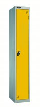 Single Metal Storage Locker | Single Door | 1780 x 305 x 460mm | Silver Carcass | Yellow Door | Hasp & Staple Lock | Probe