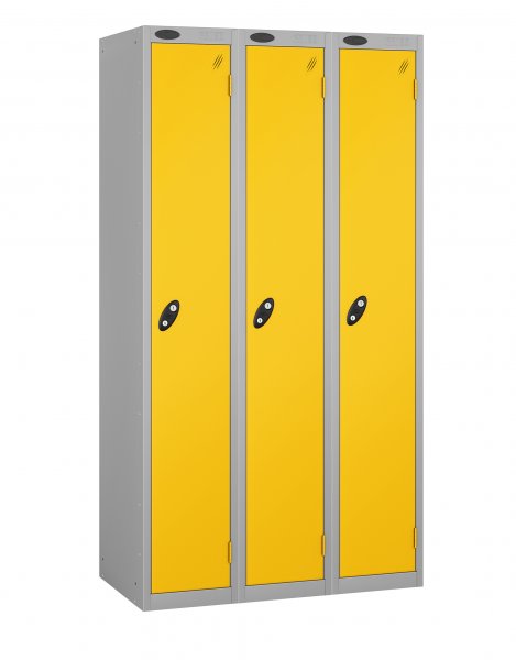 Nest of 3 Metal Storage Lockers | Single Door | 1780 x 305 x 460mm | Silver Carcass | Yellow Door | Hasp & Staple Lock | Probe