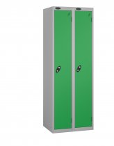 Nest of 2 Metal Storage Lockers | Single Door | 1780 x 380 x 460mm | Silver Carcass | Green Door | Hasp & Staple Lock | Probe