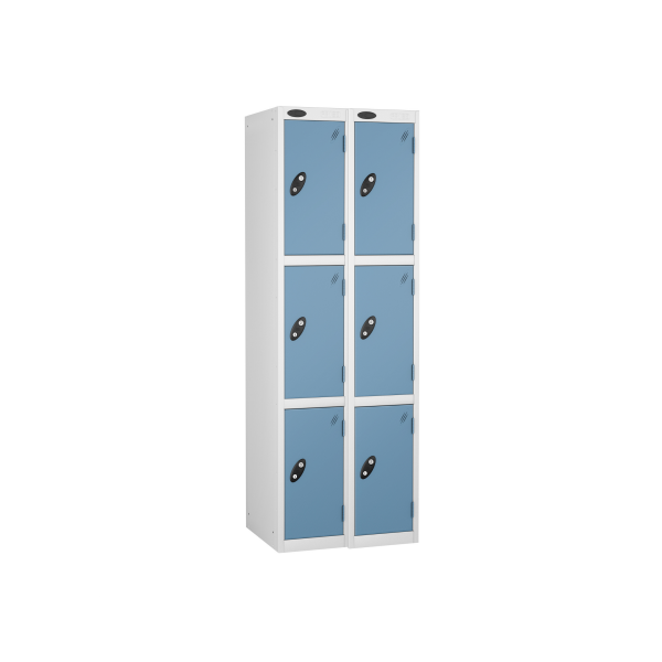 Nest of 2 Metal Storage Lockers | 3 Doors | 1780 x 305 x 305mm | White Carcass | Ocean Door | Hasp & Staple Lock | Probe