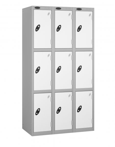 Nest of 3 Metal Storage Lockers | 3 Doors | 1780 x 305 x 305mm | Silver Carcass | White Door | Hasp & Staple Lock | Probe