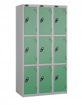 Nest of 3 Metal Storage Lockers | 3 Doors | 1780 x 305 x 305mm | Silver Carcass | Jade Door | Hasp & Staple Lock | Probe