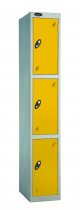 Single Metal Storage Locker | 3 Doors | 1780 x 305 x 380mm | Silver Carcass | Yellow Door | Hasp & Staple Lock | Probe