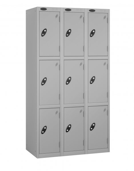 Nest of 3 Metal Storage Lockers | 3 Doors | 1780 x 305 x 380mm | Silver Carcass | Silver Door | Hasp & Staple Lock | Probe