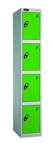 Single Metal Storage Locker | 4 Doors | 1780 x 305 x 305mm | Silver Carcass | Green Door | Hasp & Staple Lock | Probe