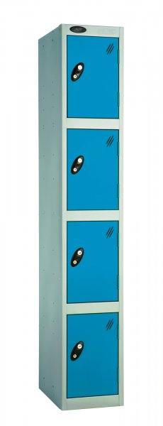 Single Metal Storage Locker | 4 Doors | 1780 x 305 x 380mm | Silver Carcass | Blue Door | Hasp & Staple Lock | Probe