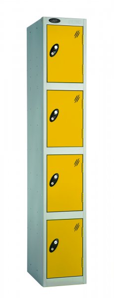 Single Metal Storage Locker | 4 Doors | 1780 x 305 x 380mm | Silver Carcass | Yellow Door | Hasp & Staple Lock | Probe