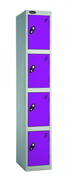 Single Metal Storage Locker | 4 Doors | 1780 x 305 x 380mm | Silver Carcass | Lilac Door | Hasp & Staple Lock | Probe