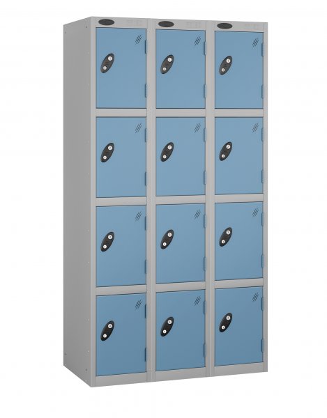 Nest of 3 Metal Storage Lockers | 4 Doors | 1780 x 305 x 380mm | Silver Carcass | Ocean Door | Hasp & Staple Lock | Probe