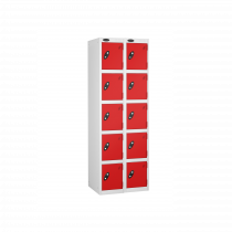 Nest of 2 Metal Storage Lockers | 5 Doors | 1780 x 305 x 305mm | White Carcass | Red Door | Hasp & Staple Lock | Probe