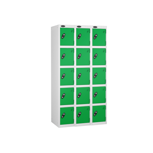 Nest of 3 Metal Storage Lockers | 5 Doors | 1780 x 305 x 305mm | White Carcass | Green Door | Hasp & Staple Lock | Probe