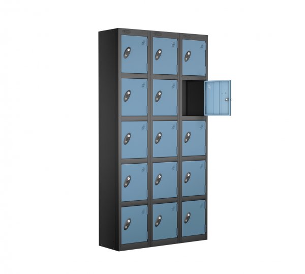 Nest of 3 Metal Storage Lockers | 5 Doors | 1780 x 305 x 305mm | Black Carcass | Ocean Door | Hasp & Staple Lock | Probe