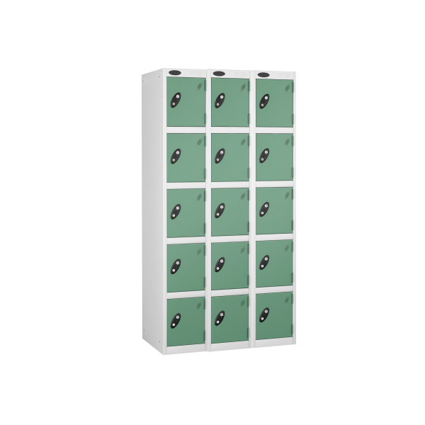 Nest of 3 Metal Storage Lockers | 5 Doors | 1780 x 305 x 380mm | White Carcass | Jade Door | Hasp & Staple Lock | Probe