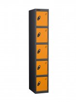 Single Metal Storage Locker | 5 Doors | 1780 x 305 x 460mm | Black Carcass | Orange Door | Hasp & Staple Lock | Probe