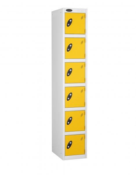 Single Metal Storage Locker | 6 Doors | 1780 x 305 x 305mm | White Carcass | Yellow Door | Hasp & Staple Lock | Probe