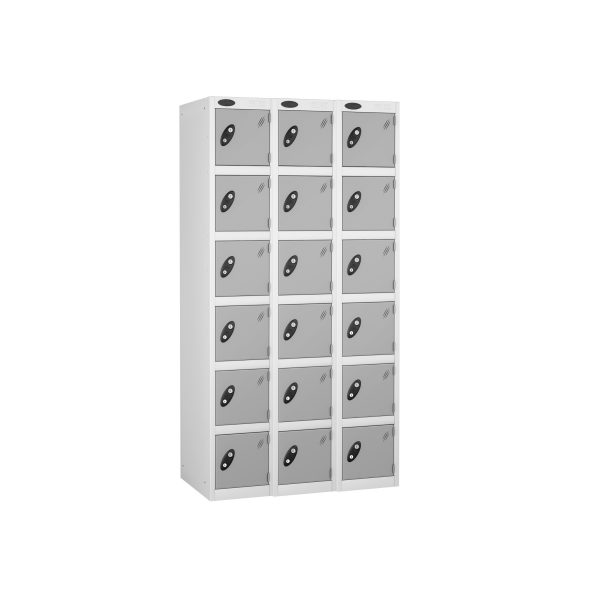 Nest of 3 Metal Storage Lockers | 6 Doors | 1780 x 305 x 305mm | White Carcass | Silver Door | Hasp & Staple Lock | Probe