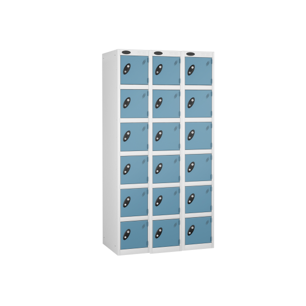 Nest of 3 Metal Storage Lockers | 6 Doors | 1780 x 305 x 305mm | White Carcass | Ocean Door | Hasp & Staple Lock | Probe