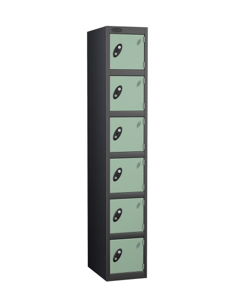 Single Metal Storage Locker | 6 Doors | 1780 x 305 x 460mm | Black Carcass | Jade Door | Hasp & Staple Lock | Probe