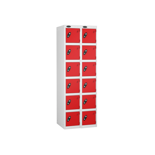 Nest of 2 Metal Storage Lockers | 6 Doors | 1780 x 305 x 460mm | White Carcass | Red Door | Hasp & Staple Lock | Probe