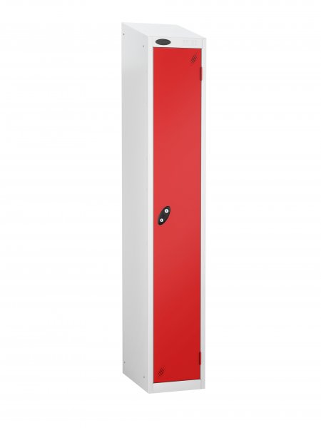 Single Metal Storage Locker | Single Door | 1780 x 305 x 305mm | White Carcass | Red Door | Cam Lock | Sloping Top | Probe