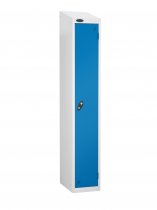 Single Metal Storage Locker | Single Door | 1780 x 305 x 305mm | White Carcass | Blue Door | Cam Lock | Sloping Top | Probe