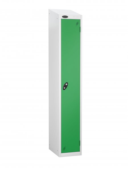 Single Metal Storage Locker | Single Door | 1780 x 305 x 305mm | White Carcass | Green Door | Cam Lock | Sloping Top | Probe