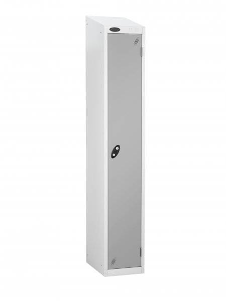 Single Metal Storage Locker | Single Door | 1780 x 305 x 305mm | White Carcass | Silver Door | Cam Lock | Sloping Top | Probe