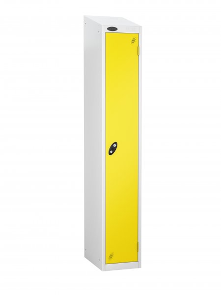 Single Metal Storage Locker | Single Door | 1780 x 305 x 305mm | White Carcass | Lemon Door | Cam Lock | Sloping Top | Probe