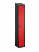 Single Metal Storage Locker | Single Door | 1780 x 305 x 305mm | Black Carcass | Red Door | Cam Lock | Sloping Top | Probe