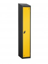 Single Metal Storage Locker | Single Door | 1780 x 305 x 305mm | Black Carcass | Yellow Door | Cam Lock | Sloping Top | Probe